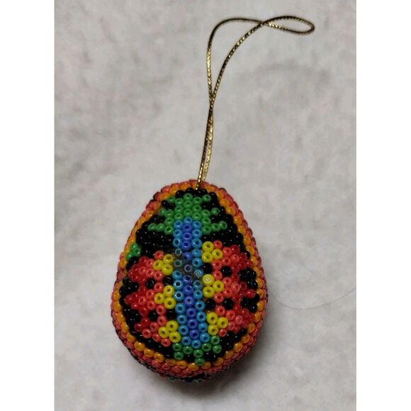 Native American Huichol‎ style Rainbow Beaded Egg Huevito Ornament - Picture 1 of 6